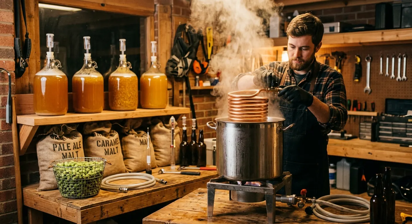 A copper wort chiller coiled in a stainless brew kettle with carboys of fermenting ale on a shelf in a warm home brewery